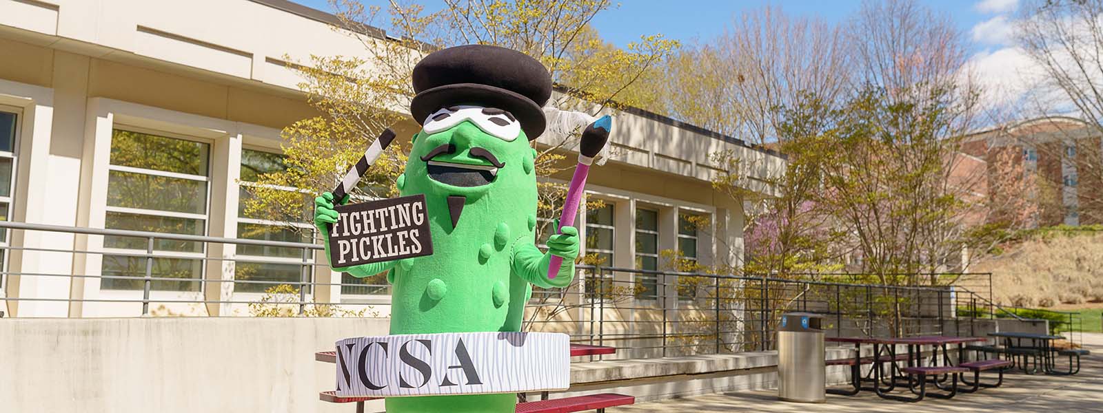 The Fighting Pickle mascot at the 2024 UNCSA preview day event