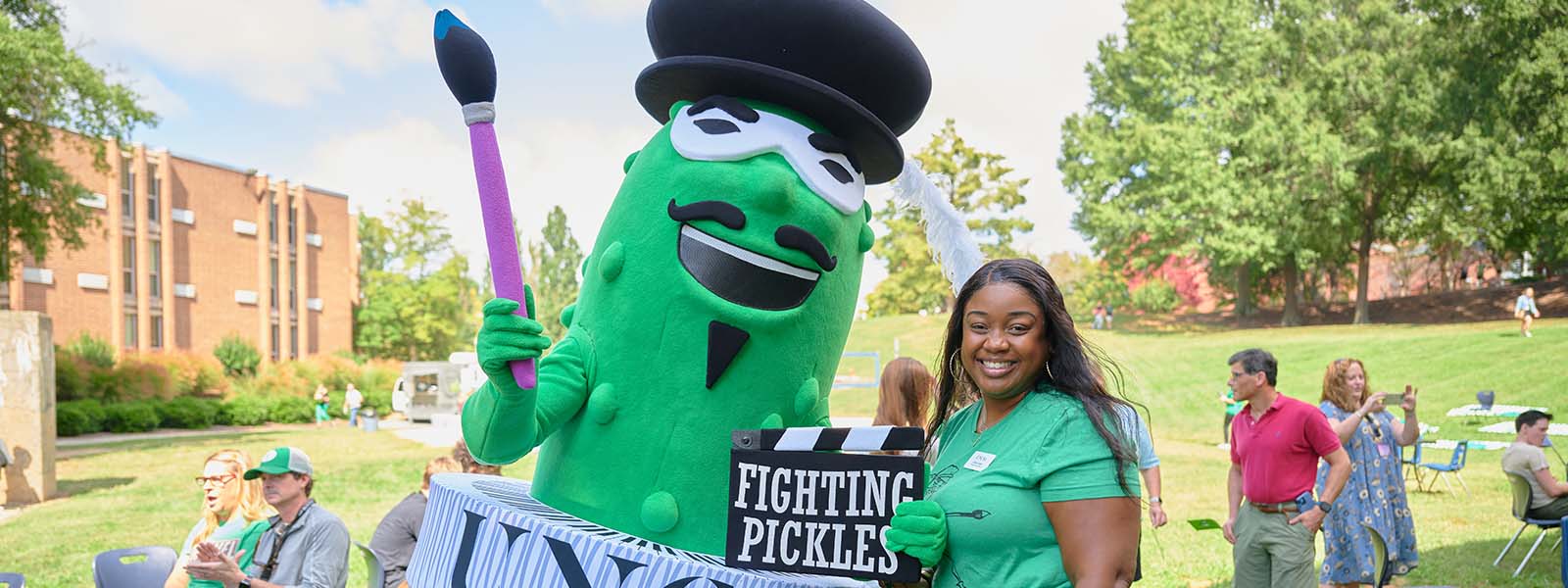 The Fighting Pickle mascot at the 2023 UNCSA Homecoming
