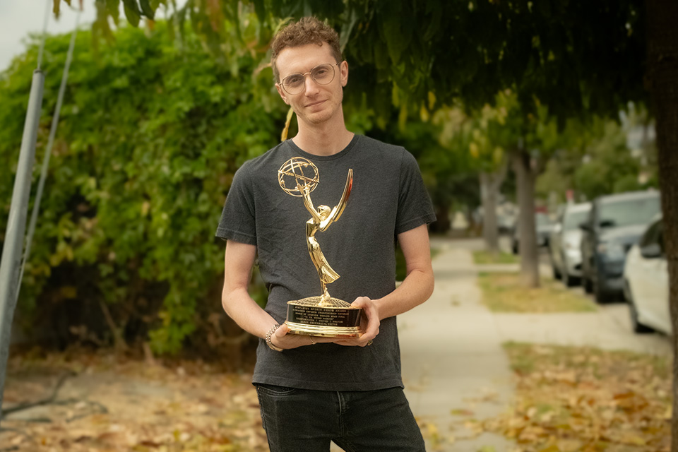 Aaron Greenbaum holding his Emmy Award / Contributed Photo