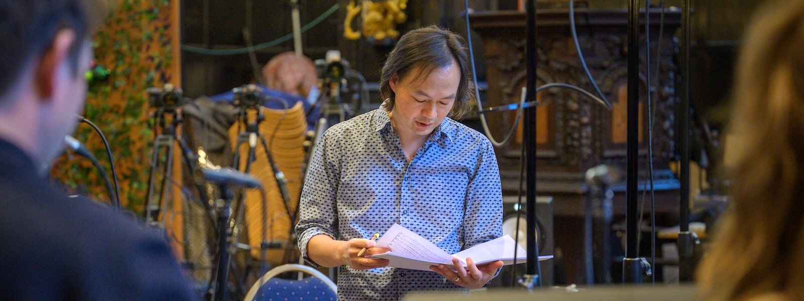 Christopher Tin during the production of “The Lost Birds” featuring the vocal ensemble VOCES8.