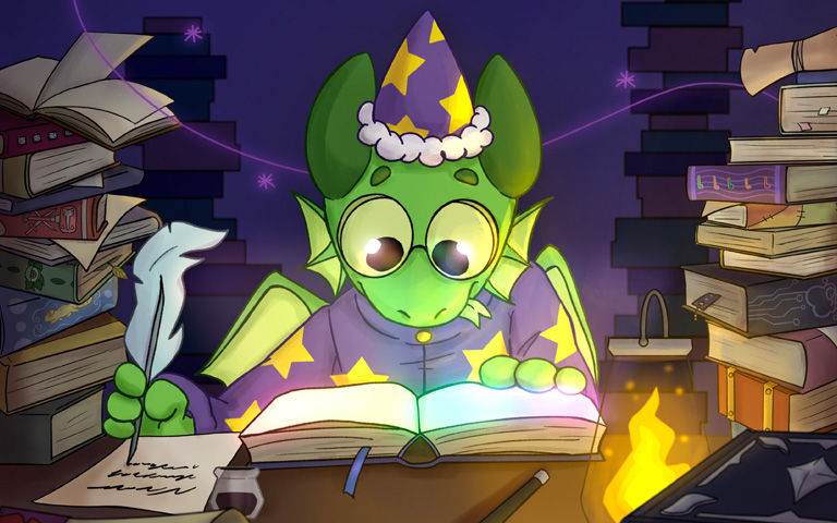 Animated dragon studying magic books