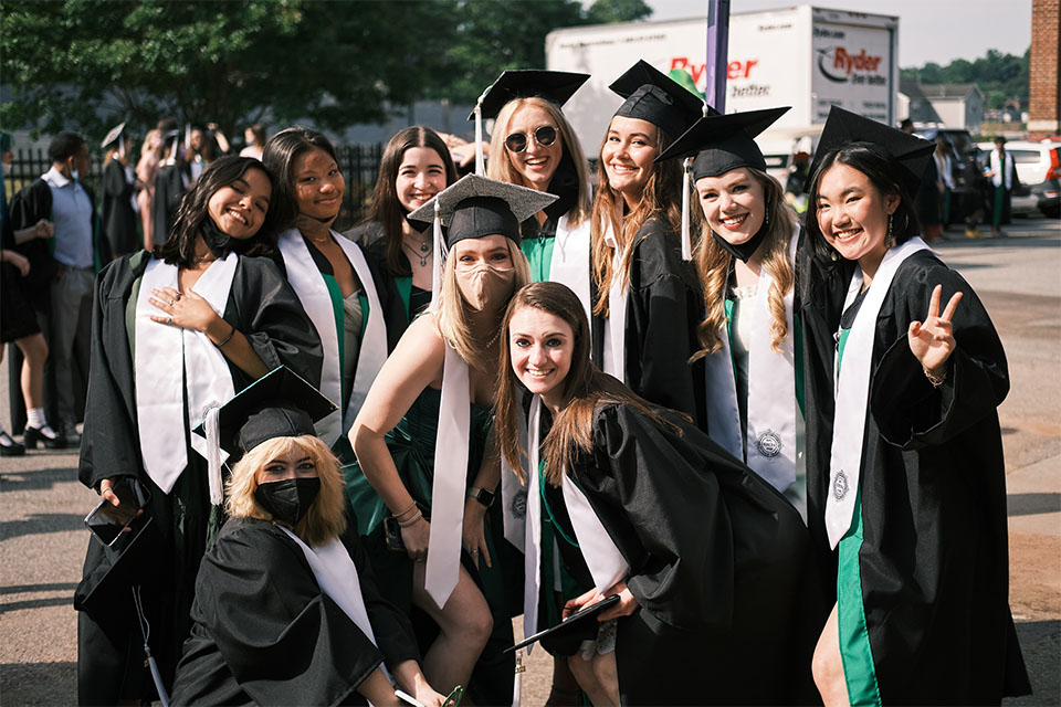 Claire Schiffer (far right) with classmates at the UNCSA High School Commencement ceremony in 2021 / Photo: Wayne Reich