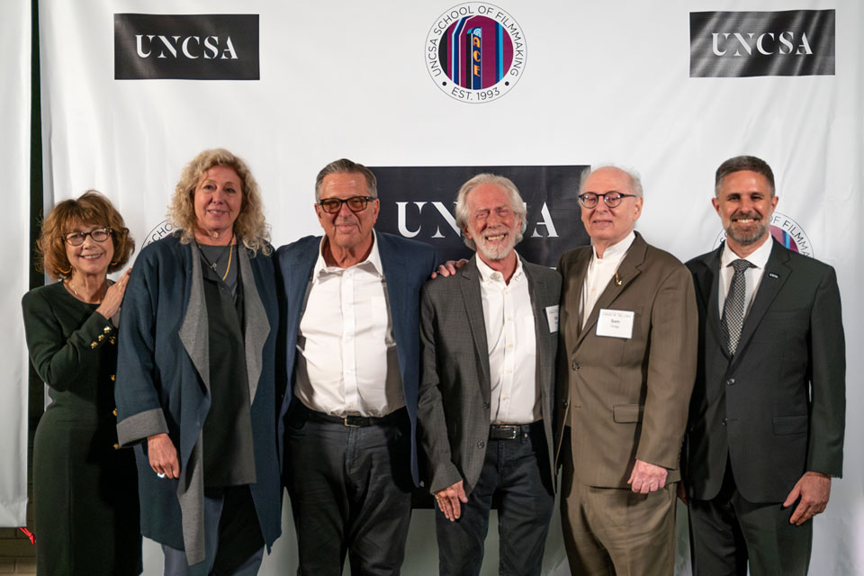 Current Dean Deborah LaVine, former deans Susan Ruskin, Jordan Kerner, Dale Pollock, Sam Grogg, and Chancellor Brian Cole / Photo: Karolina Sandecka